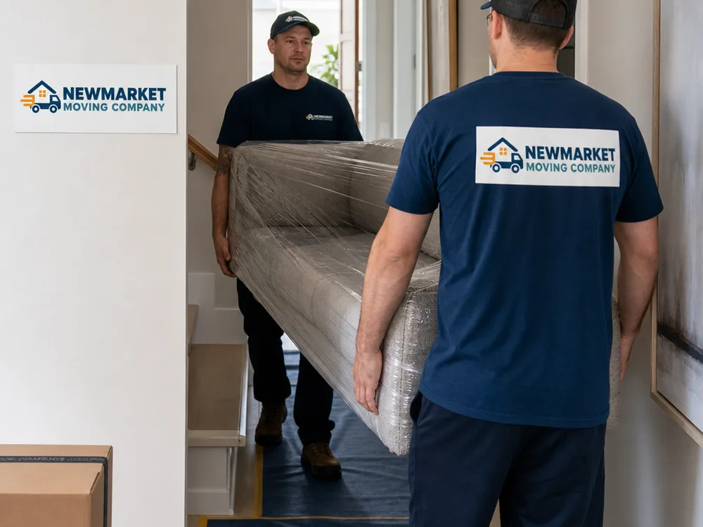 Two movers carrying a wrapped sofa through a protected narrow entryway