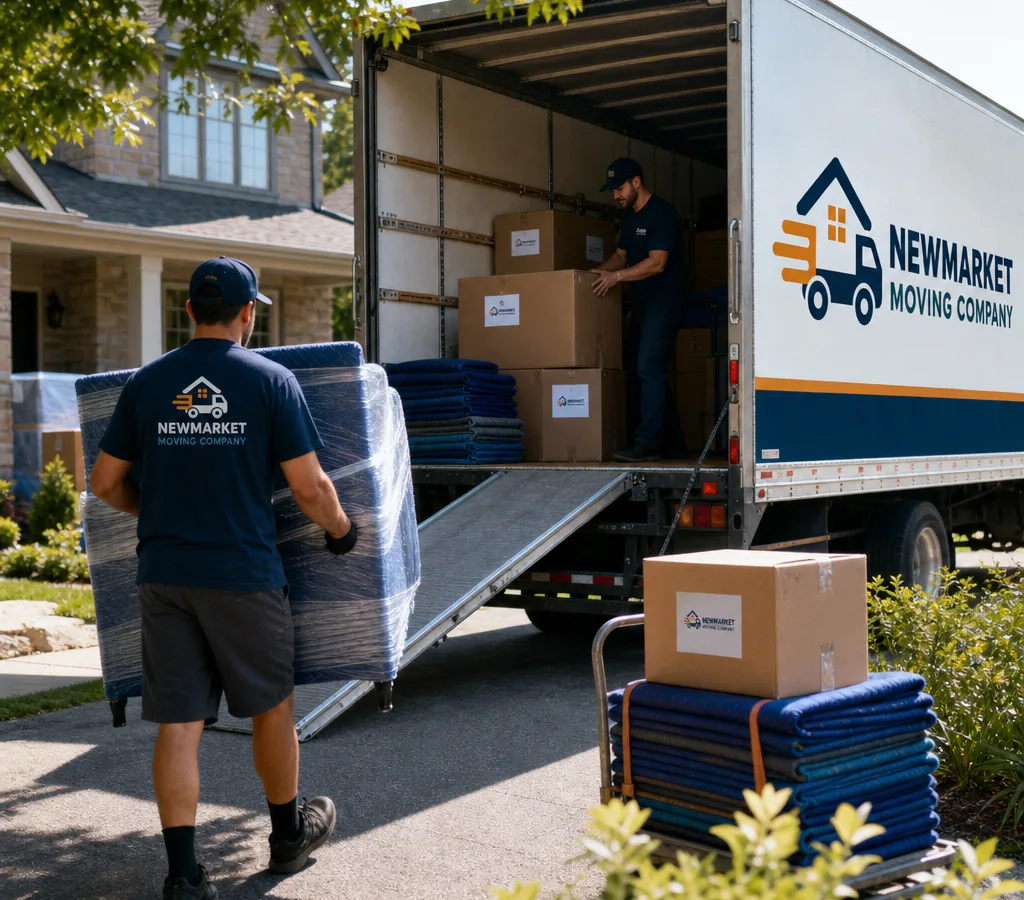 Professional movers carrying wrapped furniture and labeled boxes into a clean moving truck outside a Newmarket home