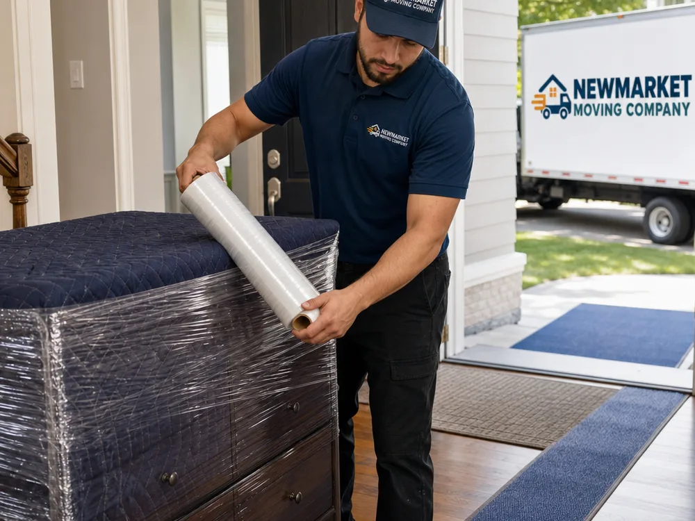 Mover wrapping a dresser near a protected hardwood entryway