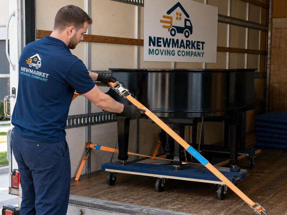 Baby grand piano secured on a piano board inside a moving truck with anchored tie-down straps