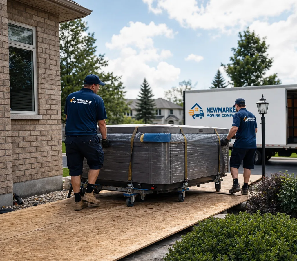 Crew guiding a covered hot tub on a spa dolly over plywood-protected boards beside a Newmarket home