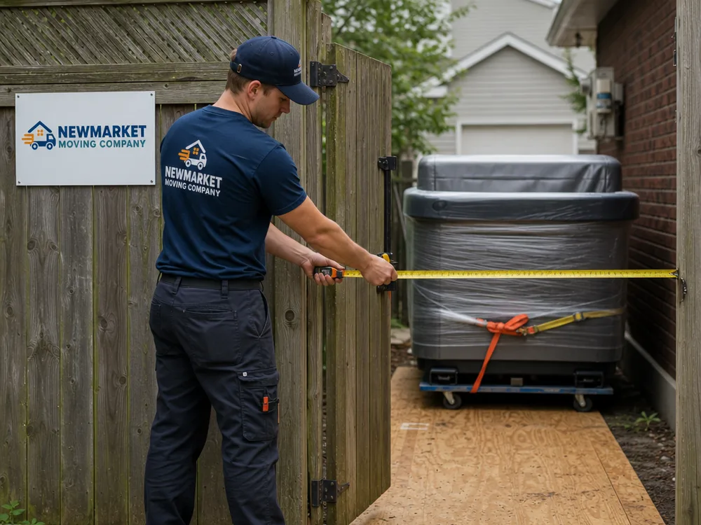 Side-yard gate being measured with a protected path and wrapped hot tub staged nearby