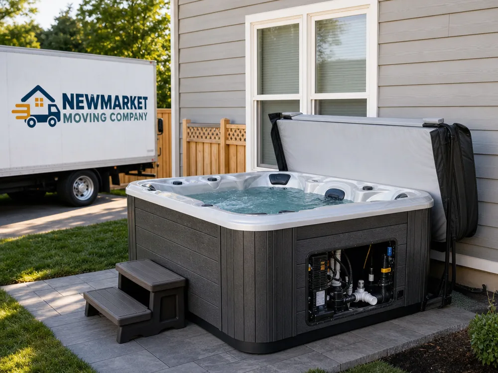 Hot tub placed level on a prepared pad with clear equipment service access