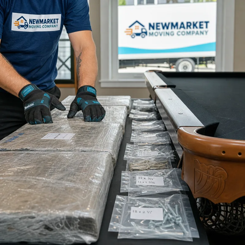 Wrapped pool table slate sections and labeled hardware bags arranged beside protected rails and pockets for transport