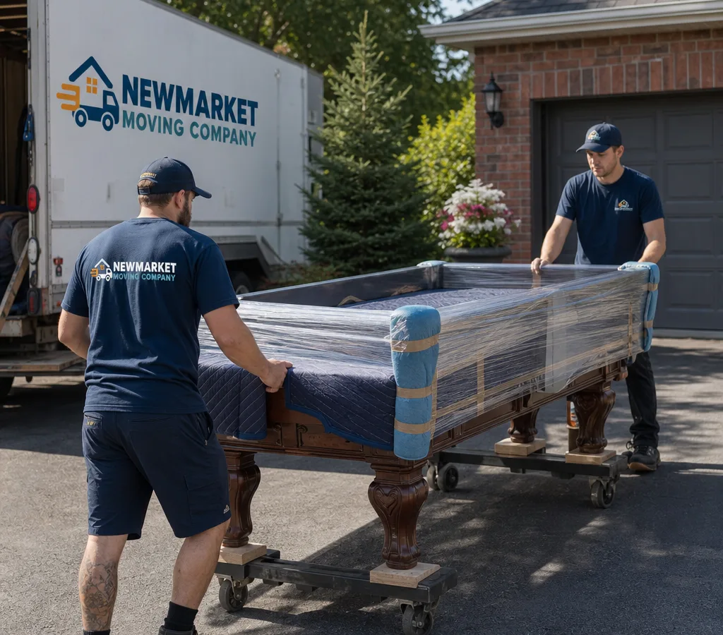 Professional crew moving a disassembled billiards table with wrapped slate, dollies, blankets, and corner protection in a Newmarket driveway