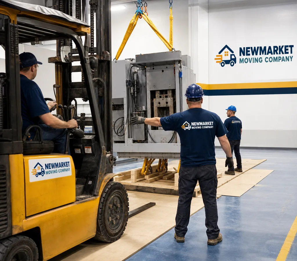 Rigging crew positioning an industrial machine onto a skid with a forklift, slings, shackles, floor protection, and a spotter