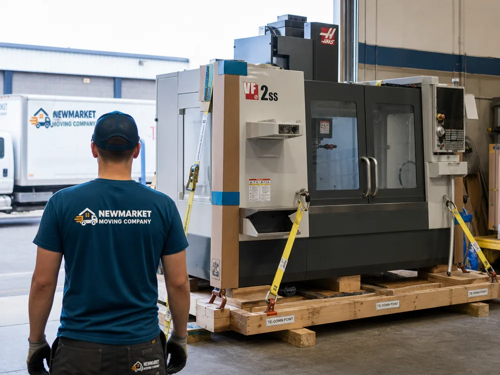 CNC machine strapped and blocked on a heavy skid near a dock door with protected tie-down points