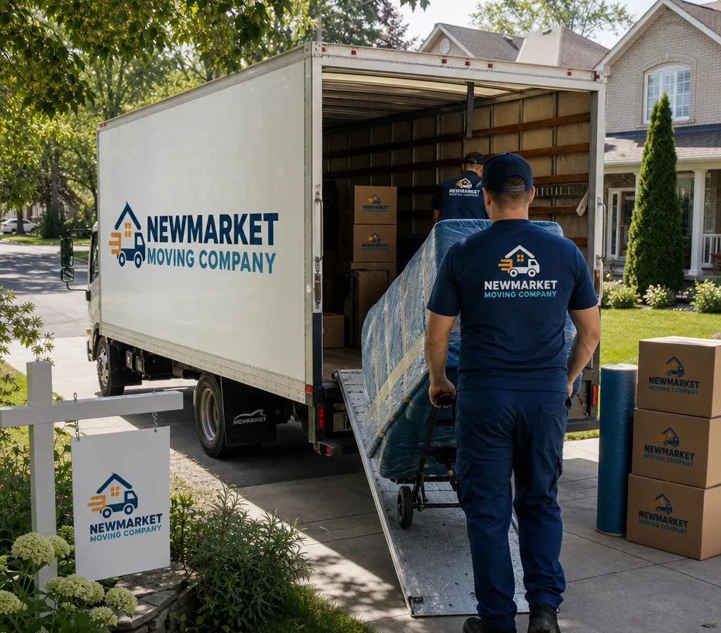 Professional moving crew loading wrapped furniture and labeled boxes into a clean moving truck at a Newmarket driveway