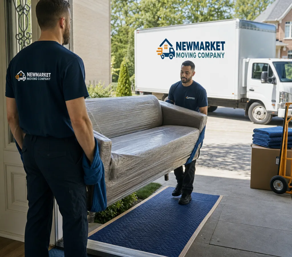 Two professional movers carrying a wrapped sofa through a protected front entry at a Newmarket home