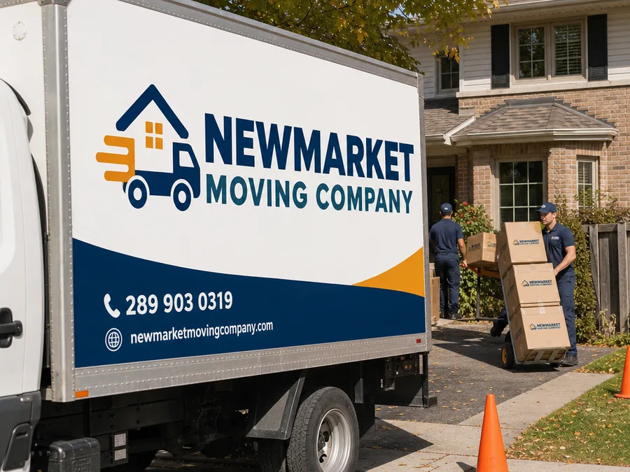 Moving truck parked with cones while movers transport labeled boxes using dollies