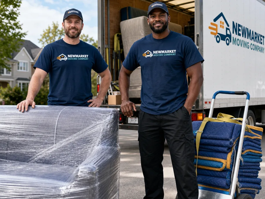 Two uniformed movers beside a wrapped sofa and neatly staged moving equipment